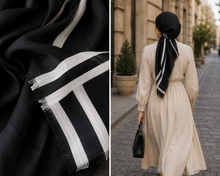 Load image into Gallery viewer, Black & White Border Stripe Cotton Pre-Tied Tichel — Hidden Velvet Grip
