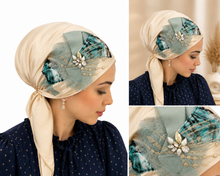 Load image into Gallery viewer, Teal Reverie - Fancy Satin Appliqué Triangle Tichel
