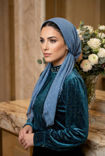 Load image into Gallery viewer, Mannequin head wearing a blue hijab on a white background