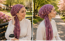 Load image into Gallery viewer, Cherry Blossom Floral Cotton Pre-Tied Tichel — 2 Colors | Hidden Velvet Grip