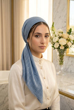 Load image into Gallery viewer, Blue scarf with polka dots on a white background