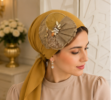 Load image into Gallery viewer, Golden Fan - Fancy Appliqué Triangle Tichel
