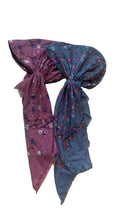 Load image into Gallery viewer, Dusty rose and slate blue cherry blossom floral cotton pre-tied tichels
