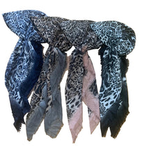 Load image into Gallery viewer, Four leopard print cotton pre-tied tichels in black, dusty pink, gray and navy