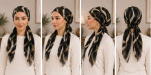 Load image into Gallery viewer, Zebra Print Pre-Tied Tichel styled with modest outfit