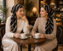 Load image into Gallery viewer, Zebra Print Pre-Tied Tichel - two women at cafe