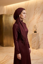 Load image into Gallery viewer, Mannequin head wearing a burgundy hijab with tassels on a white background