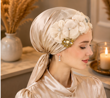 Load image into Gallery viewer, Ivory Blossom fancy satin triangle tichel with large cream tulle floral appliqué and gold amber crystal starburst brooch - four angles