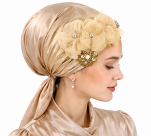 Load image into Gallery viewer, Ivory Blossom - Fancy Satin Appliqué Triangle Tichel