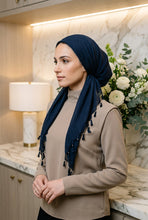 Load image into Gallery viewer, Navy blue hijab with tassels on a mannequin head against a white background