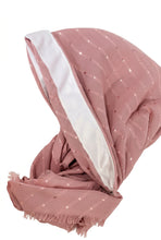 Load image into Gallery viewer, Pink hijab with white polka dots on a white background