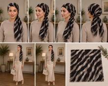Load image into Gallery viewer, Zebra Print Pre-Tied Tichel - Black/Grey multi-view collage