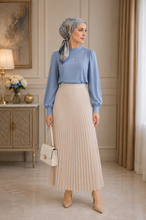 Load image into Gallery viewer, Modest model wearing Paisley Garden satin scarf as tichel — full outfit view in elegant interior setting
