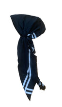 Load image into Gallery viewer, Black cotton pre-tied tichel with white border stripes and raw fringe edges