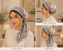 Load image into Gallery viewer, A three-panel collage showing a woman wearing a patterned scarf/headwrap in different styles: Classic Wrap, Sleek Underwrap, and Right Side. The scarf has a light gray base with a pink and white monogram-style pattern and gold trim.