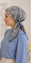 Load image into Gallery viewer, Paisley Garden satin scarf worn as tichel — front and side view showing Blue/Taupe paisley print