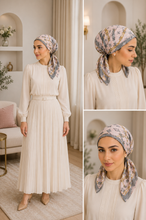 Load image into Gallery viewer, A woman wearing a cream pleated long-sleeve maxi dress and a patterned headscarf, shown in a lifestyle interior setting with three close-up panels highlighting the headscarf styling.