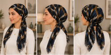 Load image into Gallery viewer, A four-panel collage showing a woman modeling a patterned headscarf or hijab worn in different views. The scarf has an abstract ikat-style pattern in navy, black, brown, and beige tones.