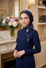 Load image into Gallery viewer, Navy blue scarf with star patterns on a white background