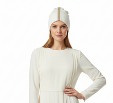 Load image into Gallery viewer, Model wearing white beanie with rose gold trim