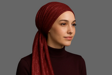 Load image into Gallery viewer, Modest Model - Burgundy Shimmery Pre-Tied Tichel
