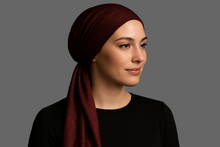 Load image into Gallery viewer, Modest Model - Deep Maroon/Wine Shimmery Pre-Tied Tichel
