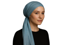 Load image into Gallery viewer, Modest Model - Light Blue/Sky Blue Shimmery Pre-Tied Tichel
