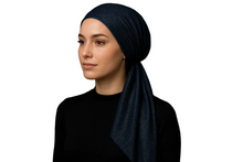 Load image into Gallery viewer, Modest Model - Navy Blue Shimmery Pre-Tied Tichel
