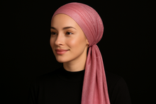 Load image into Gallery viewer, Modest Model - Pink Shimmery Pre-Tied Tichel