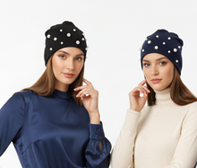 Load image into Gallery viewer, Three models in skirts/dresses wearing pearl beanies