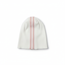 Load image into Gallery viewer, White beanie with rose pink trim