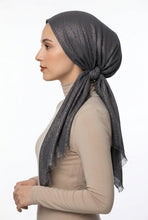 Load image into Gallery viewer, A gray textured hijab headscarf styled on a mannequin head, shown in profile against a plain white background.