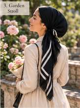 Load image into Gallery viewer, Black &amp; White Border Stripe Cotton Pre-Tied Tichel — Hidden Velvet Grip
