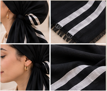 Load image into Gallery viewer, Black &amp; White Border Stripe Cotton Pre-Tied Tichel — Hidden Velvet Grip
