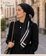 Load image into Gallery viewer, Black &amp; White Border Stripe Cotton Pre-Tied Tichel — Hidden Velvet Grip
