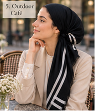 Load image into Gallery viewer, Black &amp; White Border Stripe Cotton Pre-Tied Tichel — Hidden Velvet Grip
