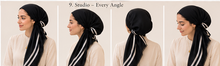 Load image into Gallery viewer, Black &amp; White Border Stripe Cotton Pre-Tied Tichel — Hidden Velvet Grip
