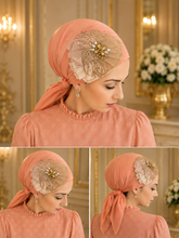 Load image into Gallery viewer, Coral Fan fancy triangle tichel with coral salmon jersey base, large cream pleated fan tulle appliqué and gold beaded branch spray brooch with amber and pearl stones - three angles
