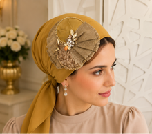 Load image into Gallery viewer, Golden Fan - Fancy Appliqué Triangle Tichel
