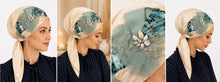 Load image into Gallery viewer, Teal Reverie - Fancy Satin Appliqué Triangle Tichel
