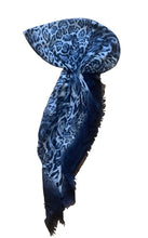 Load image into Gallery viewer, Navy blue leopard print cotton pre-tied tichel with floral detail
