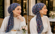 Load image into Gallery viewer, Cherry Blossom Floral Cotton Pre-Tied Tichel — 2 Colors | Hidden Velvet Grip
