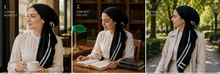 Load image into Gallery viewer, Black &amp; White Border Stripe Cotton Pre-Tied Tichel — Hidden Velvet Grip
