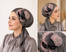 Load image into Gallery viewer, Moonlit Rose - Fancy Satin Appliqué Triangle Tichel
