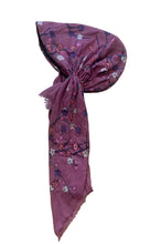 Load image into Gallery viewer, Dusty rose cherry blossom floral cotton pre-tied tichel with pink white and purple flowers
