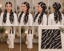 Load image into Gallery viewer, Zebra Print Pre-Tied Tichel - Black/Taupe multi-view collage
