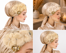 Load image into Gallery viewer, Ivory Blossom fancy satin triangle tichel with large cream tulle floral appliqué and gold amber crystal starburst brooch - four angles
