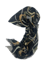 Load image into Gallery viewer, A lightweight scarf with a black, gray, and beige abstract painterly pattern and fringed edges, displayed on a plain white surface.
