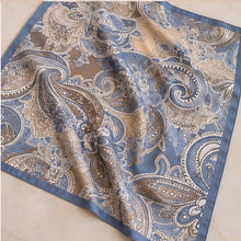 Load image into Gallery viewer, Paisley Garden satin tichel scarf in Blue/Taupe — full print flat-lay showing intricate paisley motif

