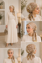 Load image into Gallery viewer, A woman modeling a beige and gold monogram-patterned headscarf in a bright indoor setting, shown in multiple views including front, side, and back angles.
